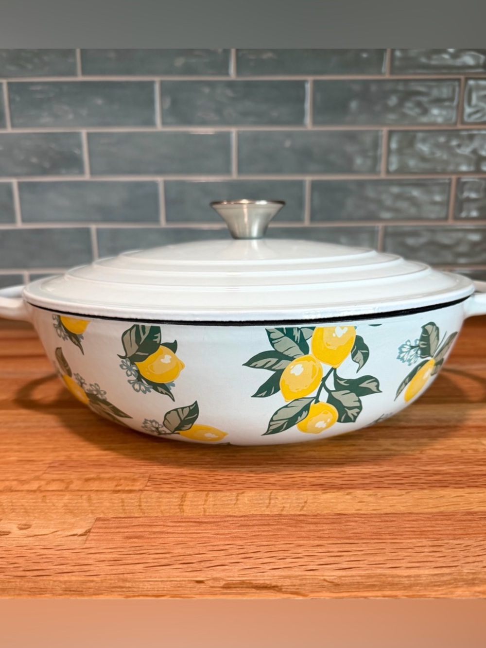 Crofton Cast Iron Enameled 4 Qt Braiser Pan Pot, Light Blue Lemon Print NEW